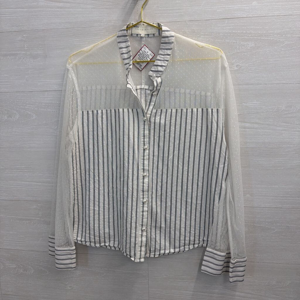 French Mauve White/ Grey Striped Sheer Polka Dot Detail Long Sleeve Top Extra Large