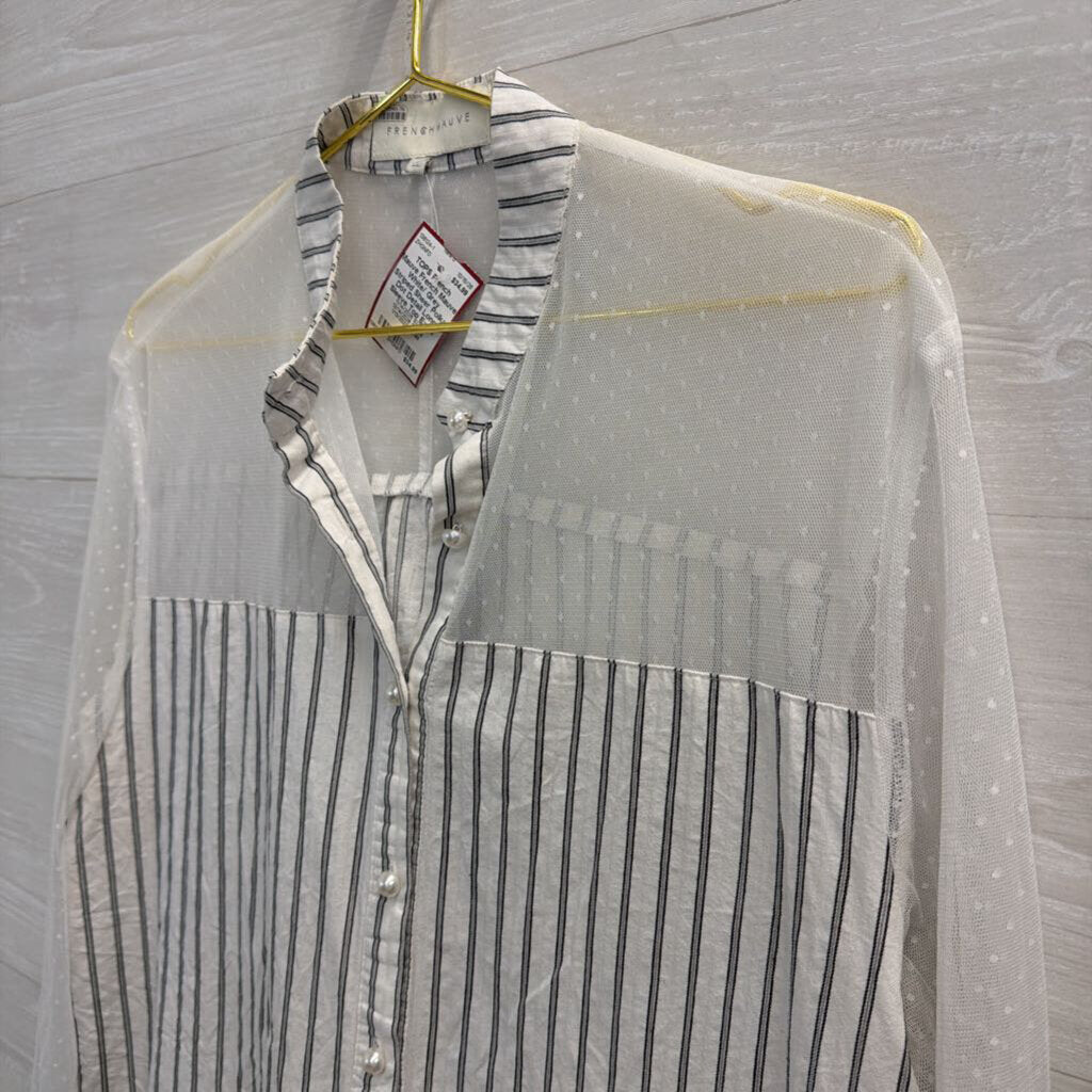 French Mauve White/ Grey Striped Sheer Polka Dot Detail Long Sleeve Top Extra Large