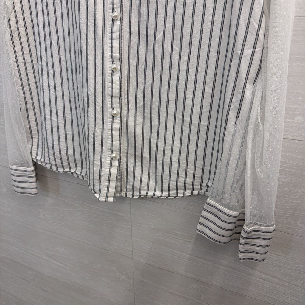 French Mauve White/ Grey Striped Sheer Polka Dot Detail Long Sleeve Top Extra Large
