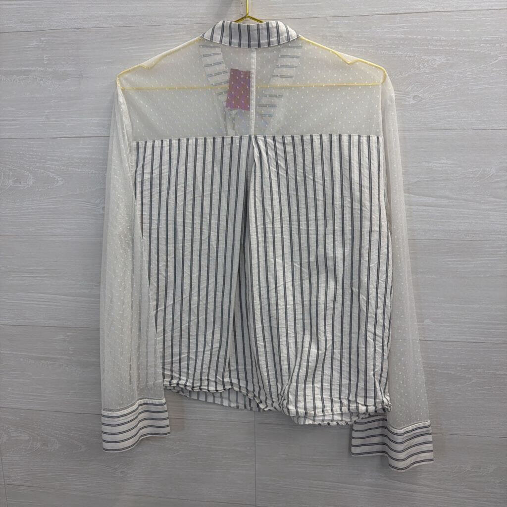 French Mauve White/ Grey Striped Sheer Polka Dot Detail Long Sleeve Top Extra Large
