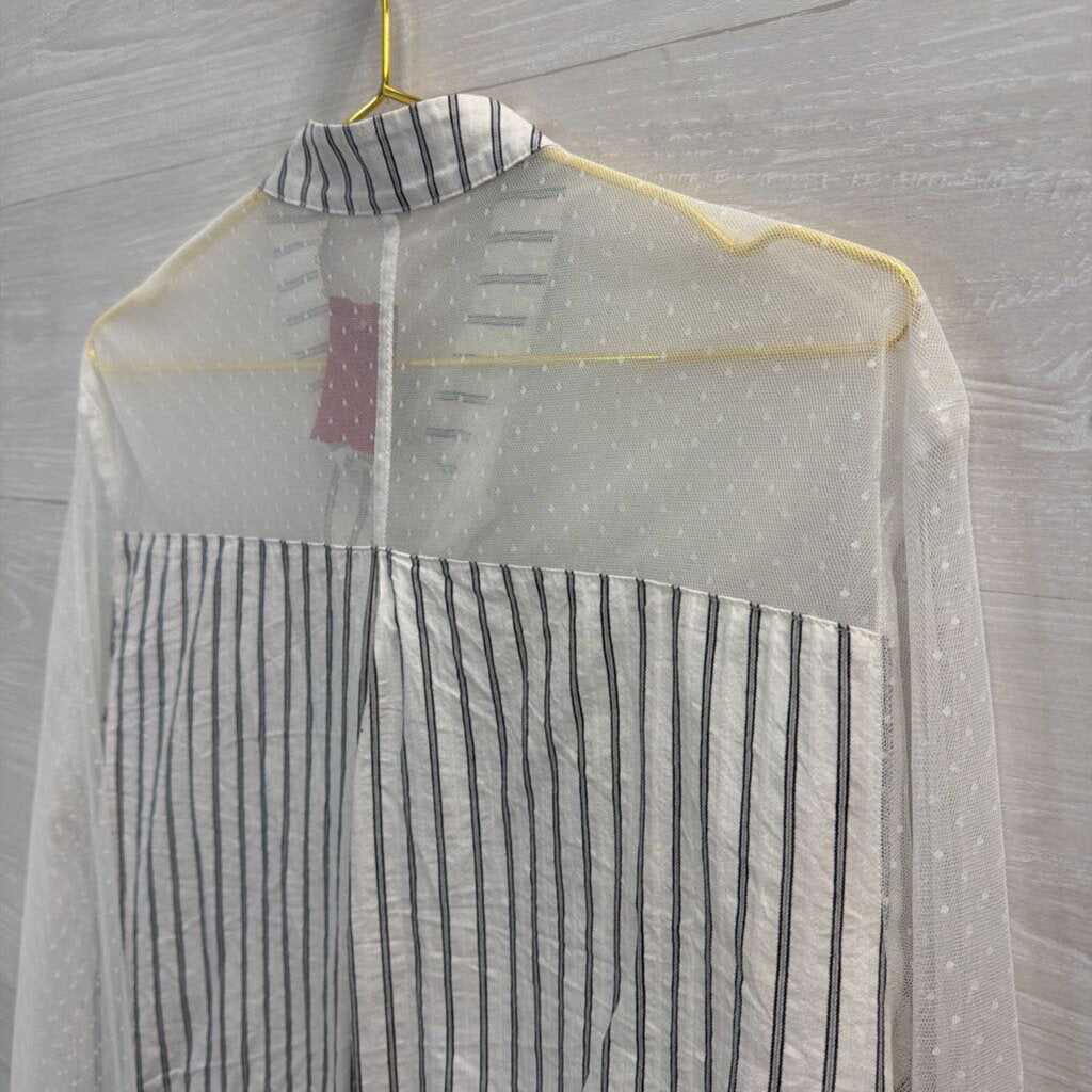 French Mauve White/ Grey Striped Sheer Polka Dot Detail Long Sleeve Top Extra Large