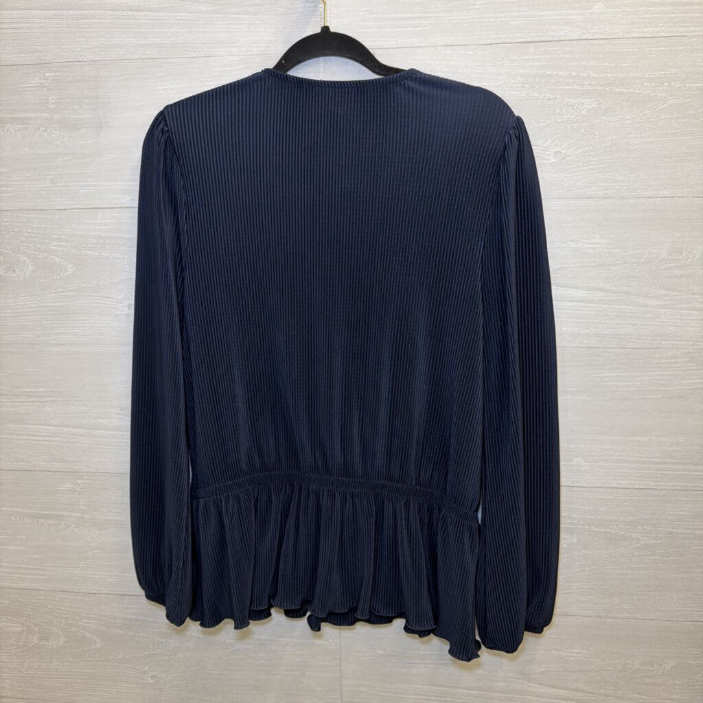 On 34th Navy Pleated Long Sleeve Top Large