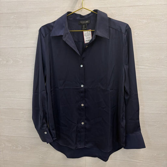 Rachel Zoe Navy Silky Long Sleeve Button Down Top Large