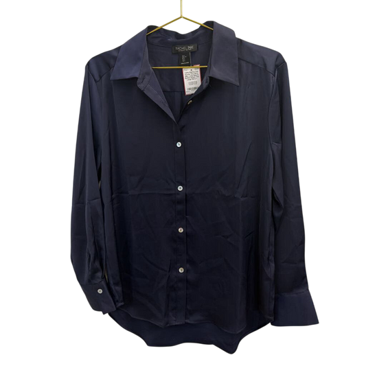 Rachel Zoe Navy Silky Long Sleeve Button Down Top Large