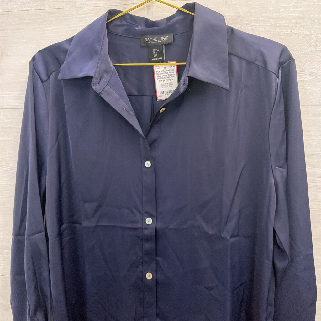 Rachel Zoe Navy Silky Long Sleeve Button Down Top Large