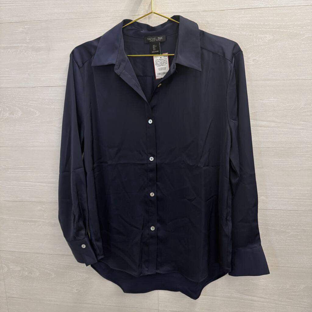 Rachel Zoe Navy Silky Long Sleeve Button Down Top Large