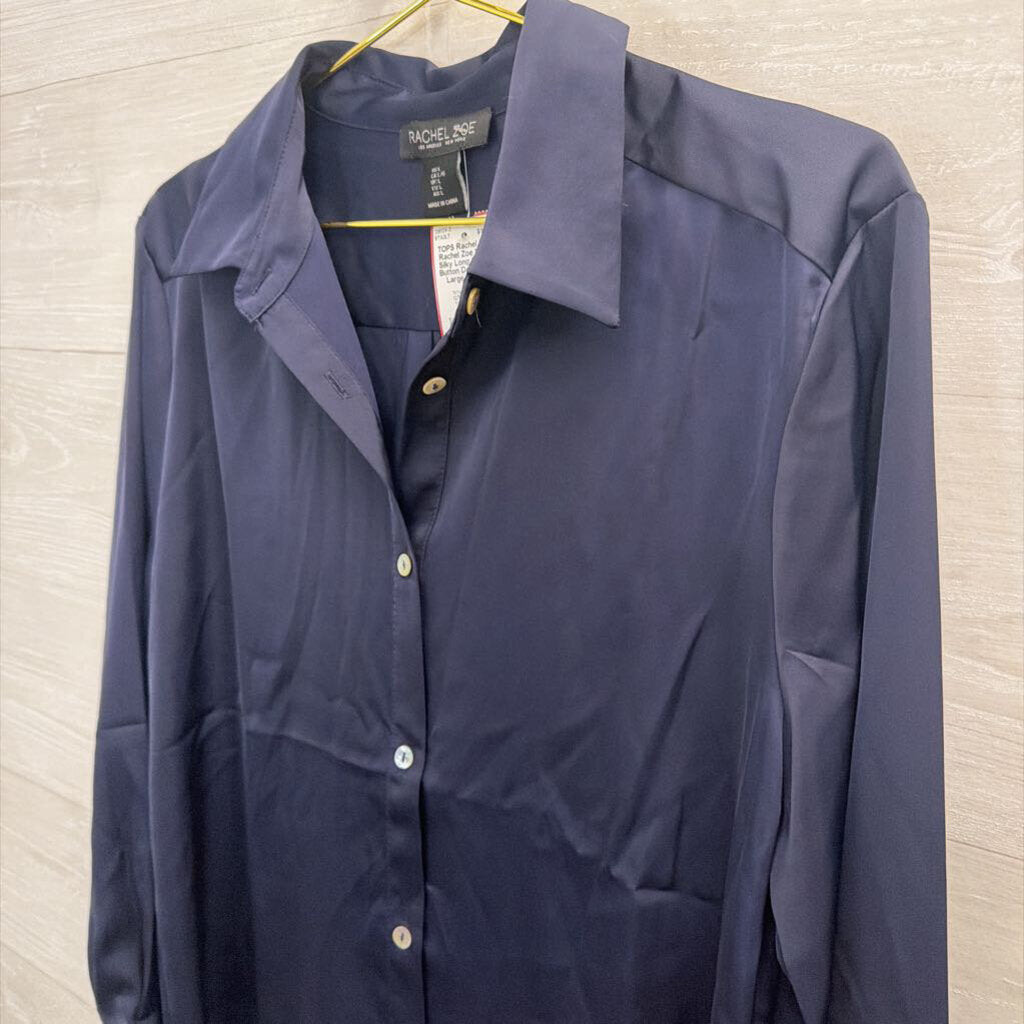 Rachel Zoe Navy Silky Long Sleeve Button Down Top Large