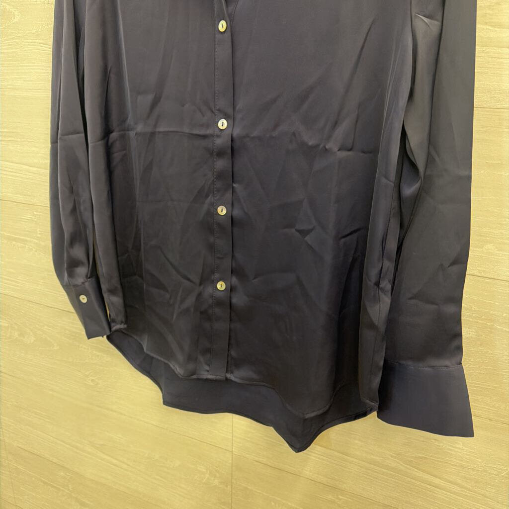 Rachel Zoe Navy Silky Long Sleeve Button Down Top Large
