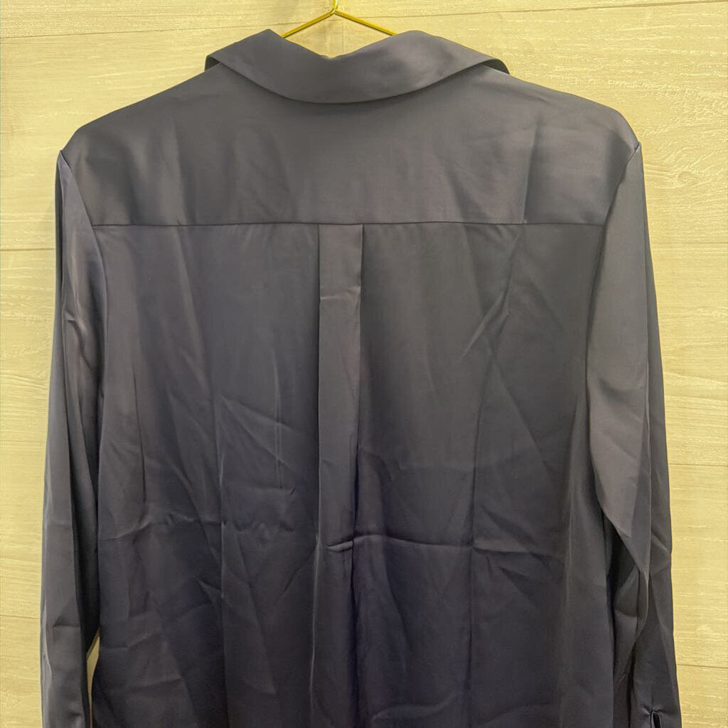 Rachel Zoe Navy Silky Long Sleeve Button Down Top Large