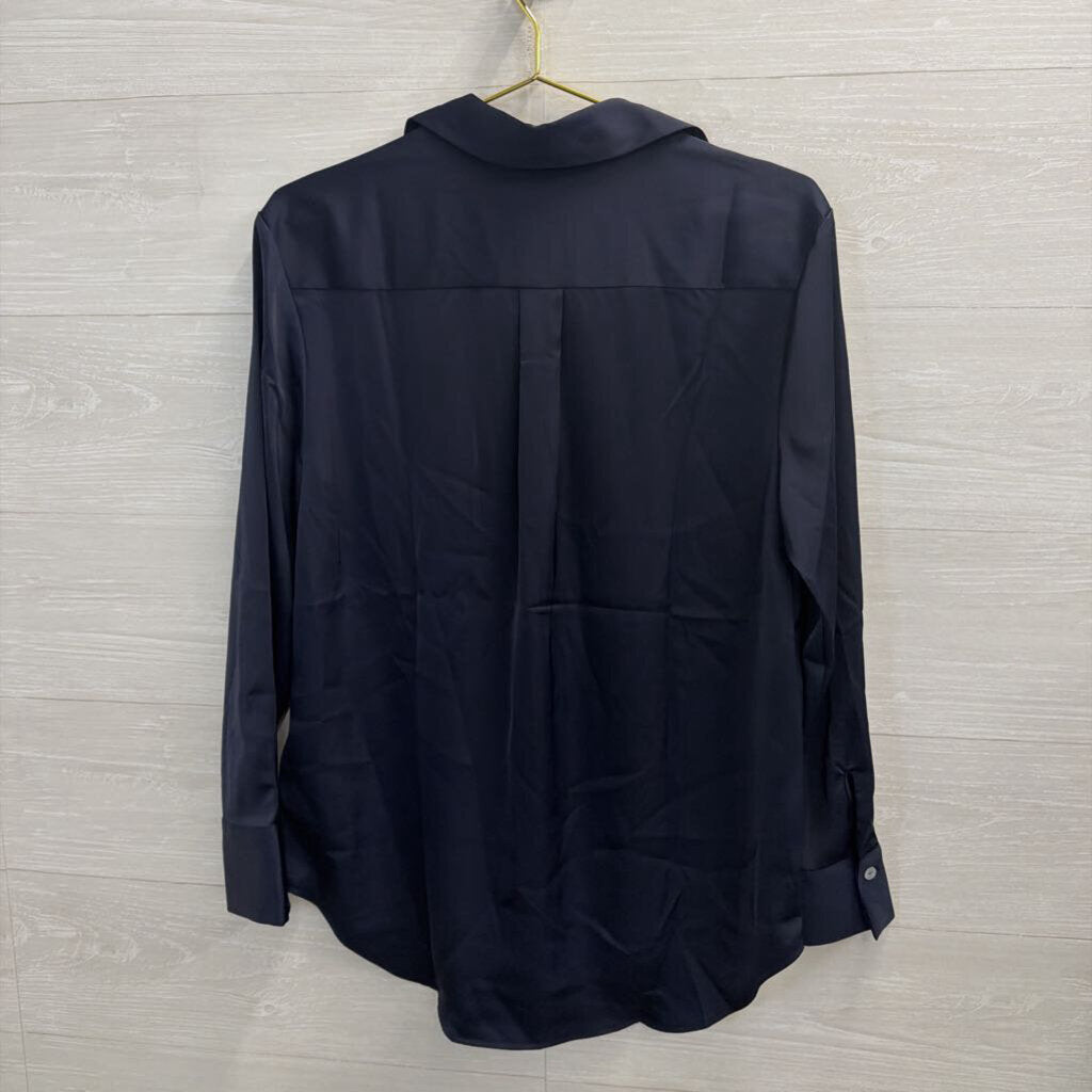 Rachel Zoe Navy Silky Long Sleeve Button Down Top Large