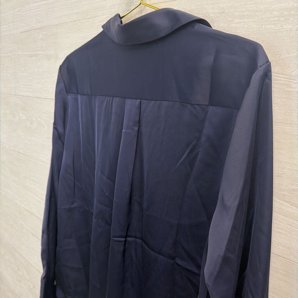 Rachel Zoe Navy Silky Long Sleeve Button Down Top Large