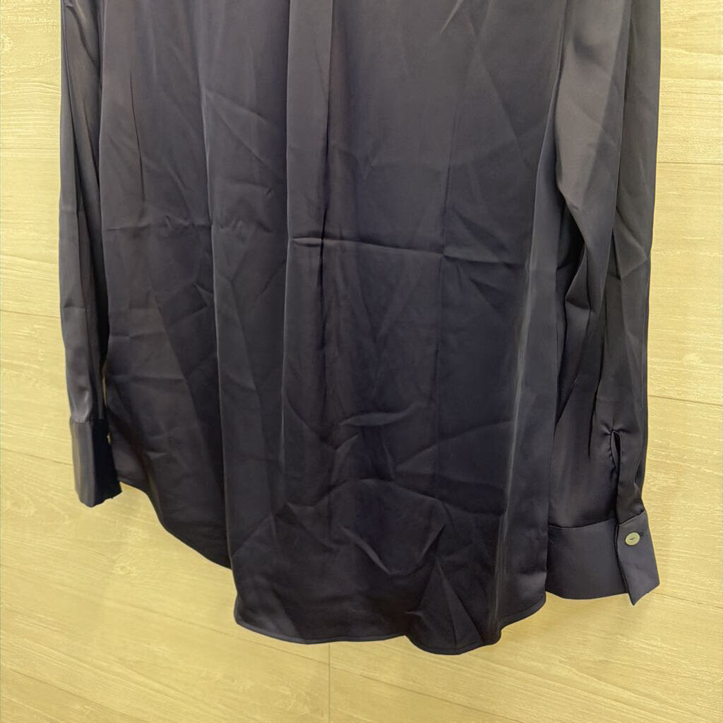 Rachel Zoe Navy Silky Long Sleeve Button Down Top Large