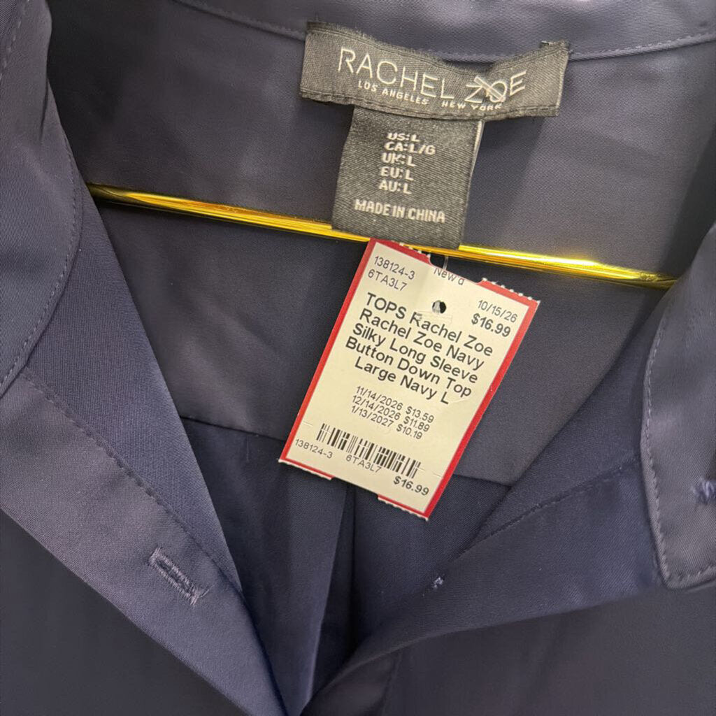 Rachel Zoe Navy Silky Long Sleeve Button Down Top Large