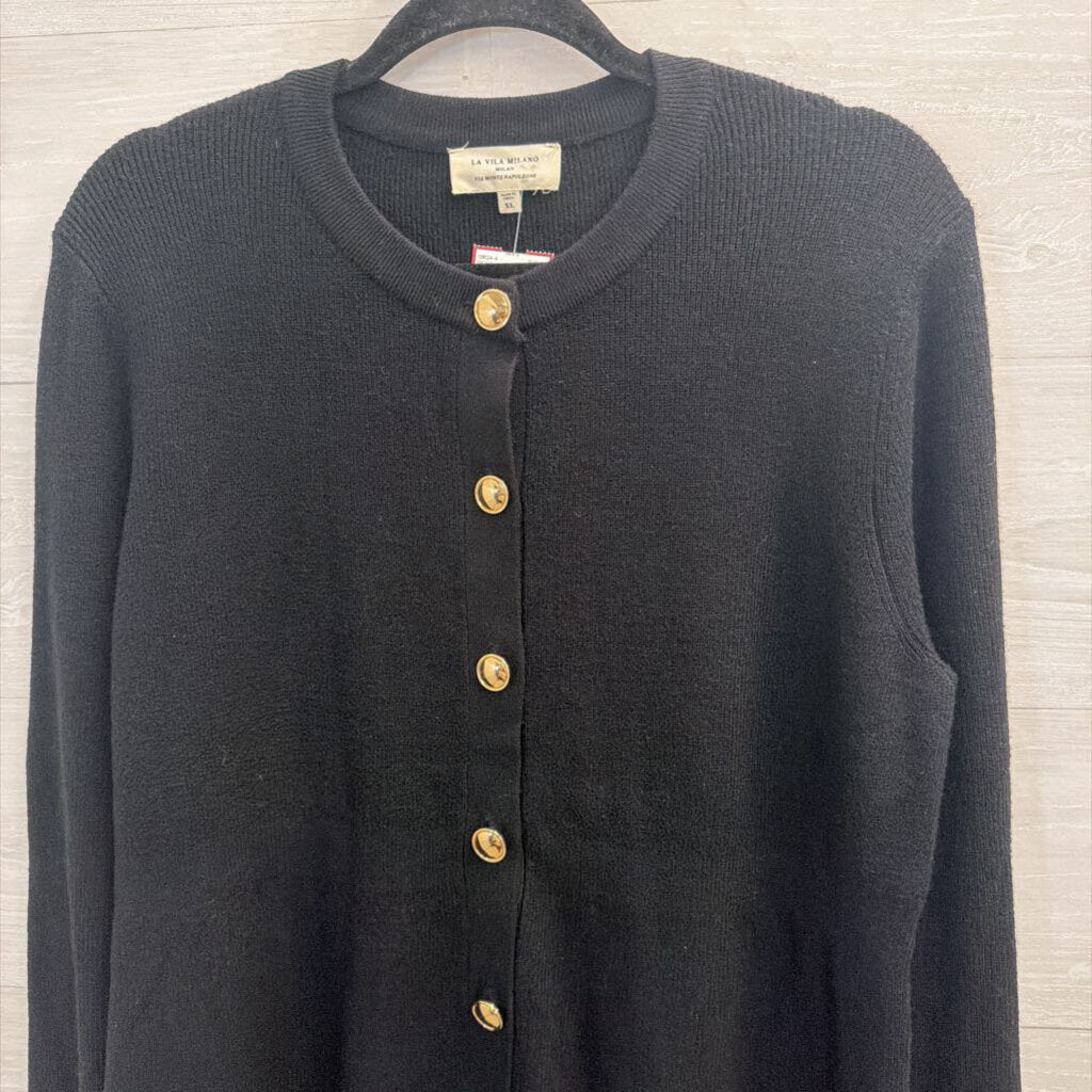 La Vila Milano Black Knit Gold Button Cardigan Sweater Extra Large