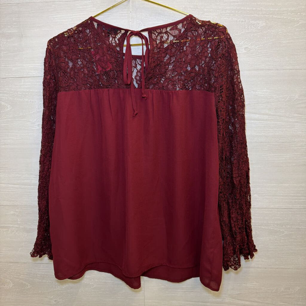 Label Rachel Roy Burgundy Lace Long Sleeve Top Extra Large