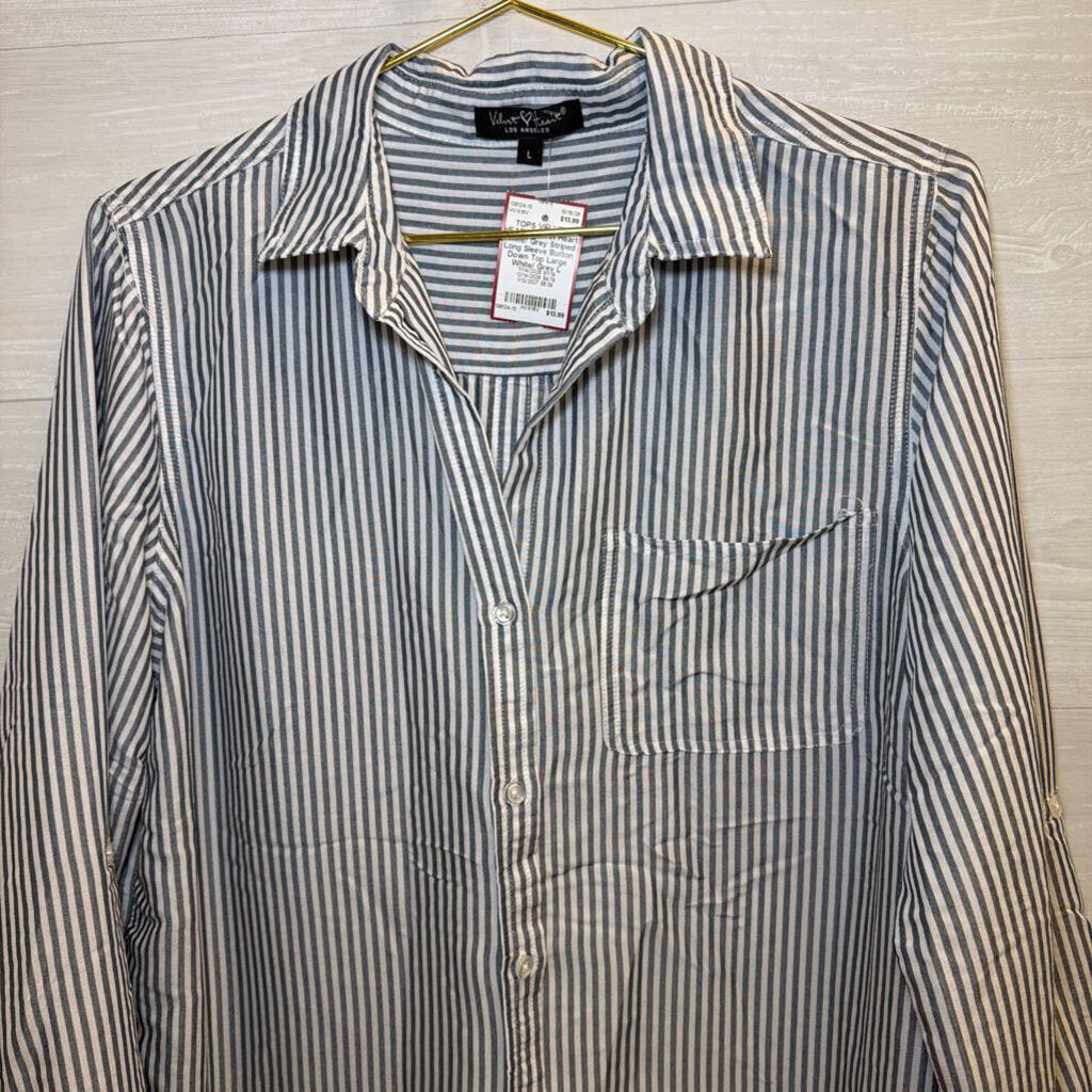 Velvet Heart White/ Grey Striped Long Sleeve Button Down Top Large