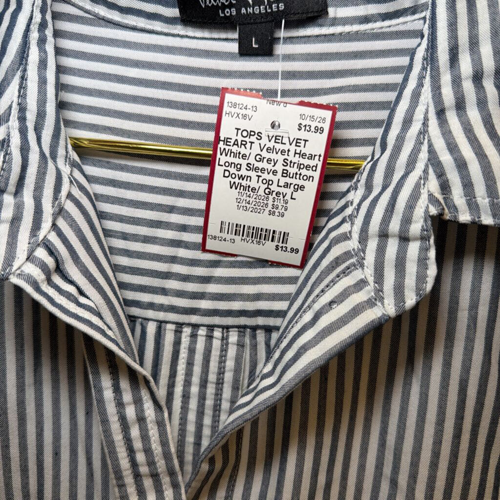 Velvet Heart White/ Grey Striped Long Sleeve Button Down Top Large