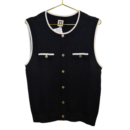 Anne Klein Black/ White Knit Sleeveless Faux Button Front Top Large