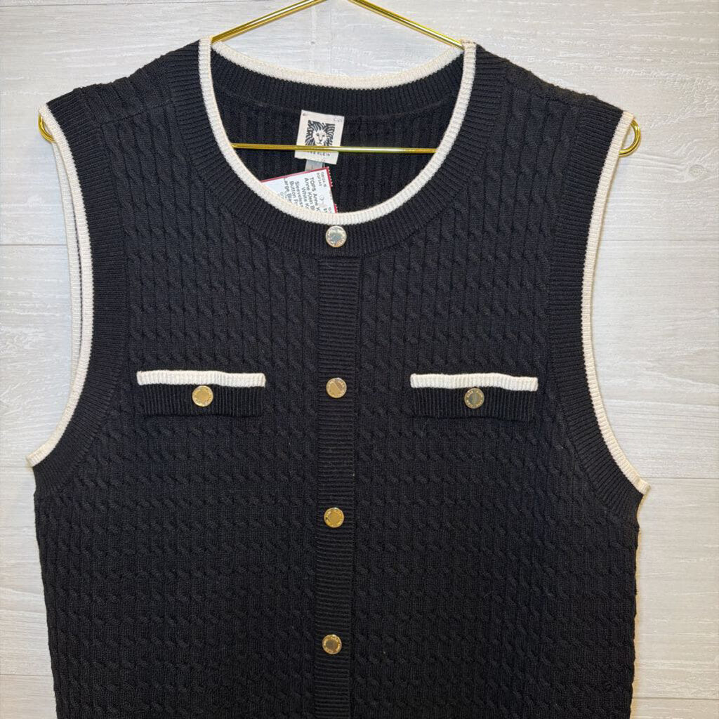 Anne Klein Black/ White Knit Sleeveless Faux Button Front Top Large