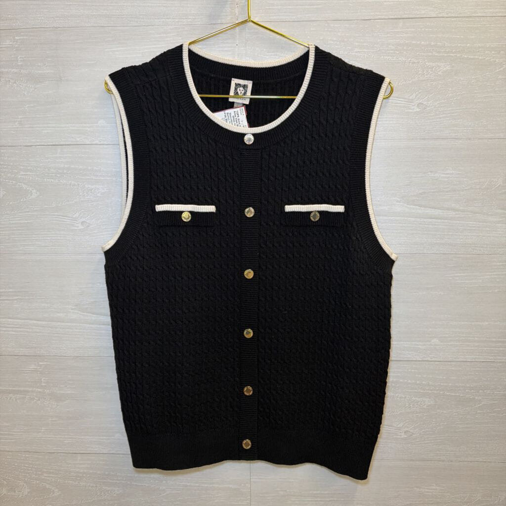 Anne Klein Black/ White Knit Sleeveless Faux Button Front Top Large