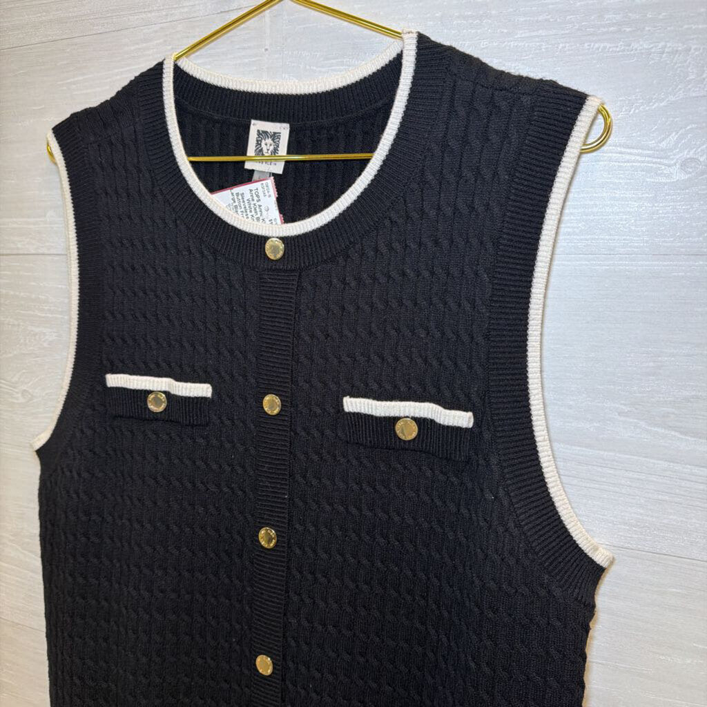 Anne Klein Black/ White Knit Sleeveless Faux Button Front Top Large