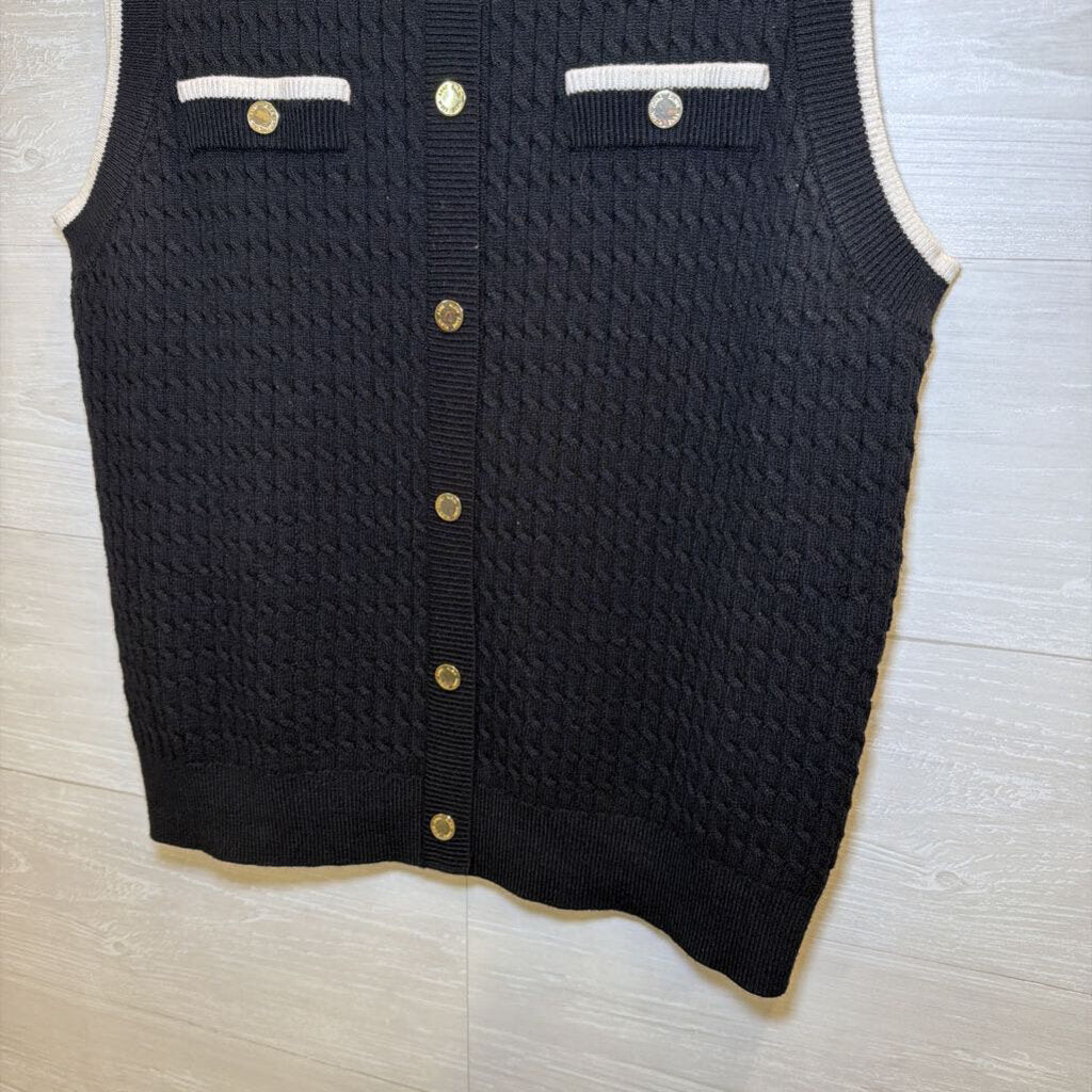 Anne Klein Black/ White Knit Sleeveless Faux Button Front Top Large