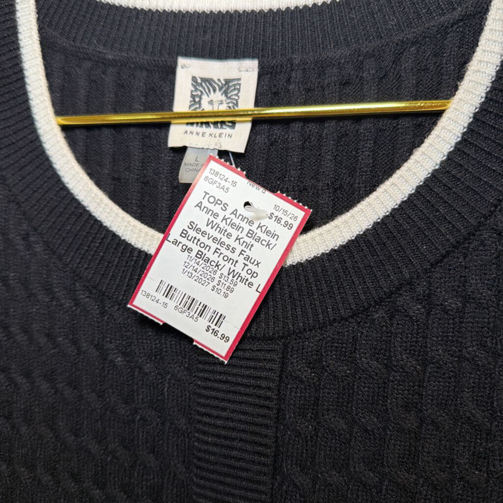 Anne Klein Black/ White Knit Sleeveless Faux Button Front Top Large