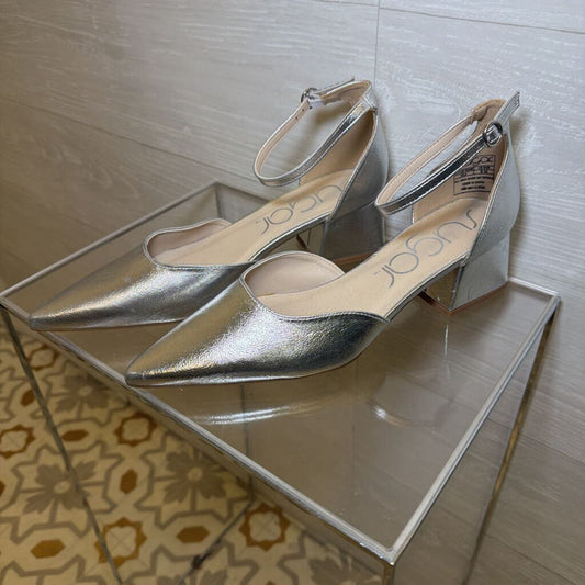 Sugar Silver Point Toe Ankle Strap Block Heels 9