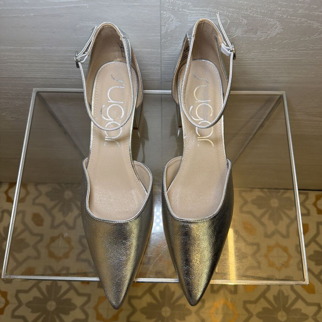 Sugar Silver Point Toe Ankle Strap Block Heels 9