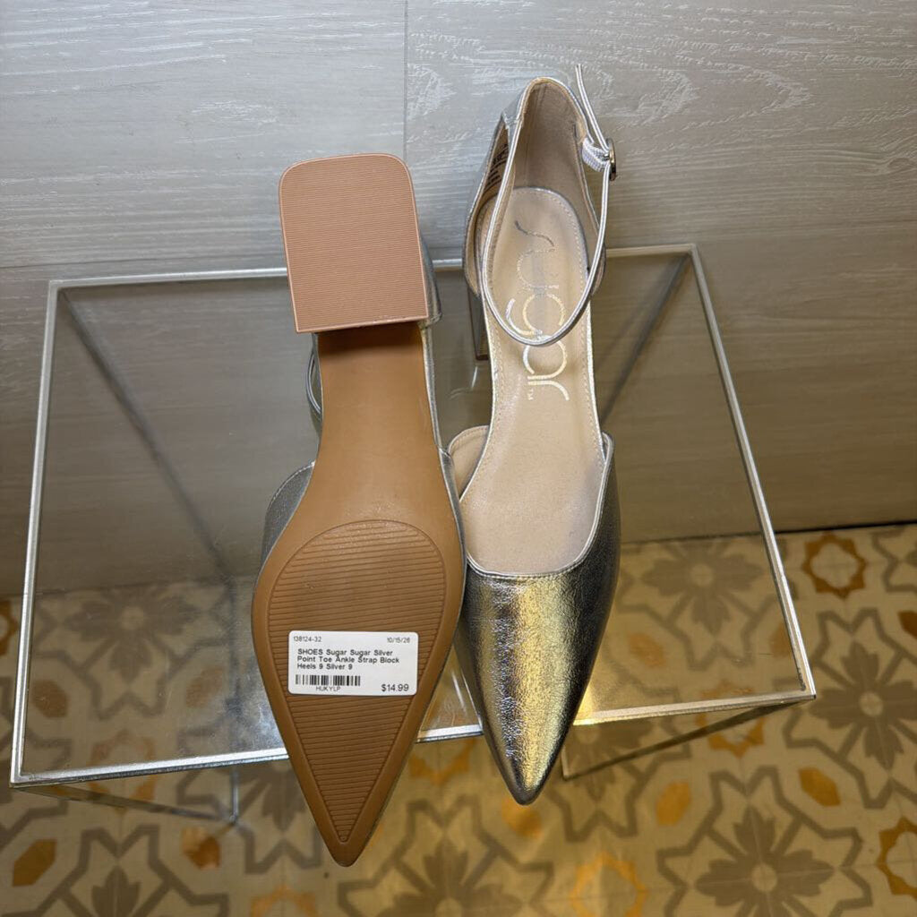 Sugar Silver Point Toe Ankle Strap Block Heels 9