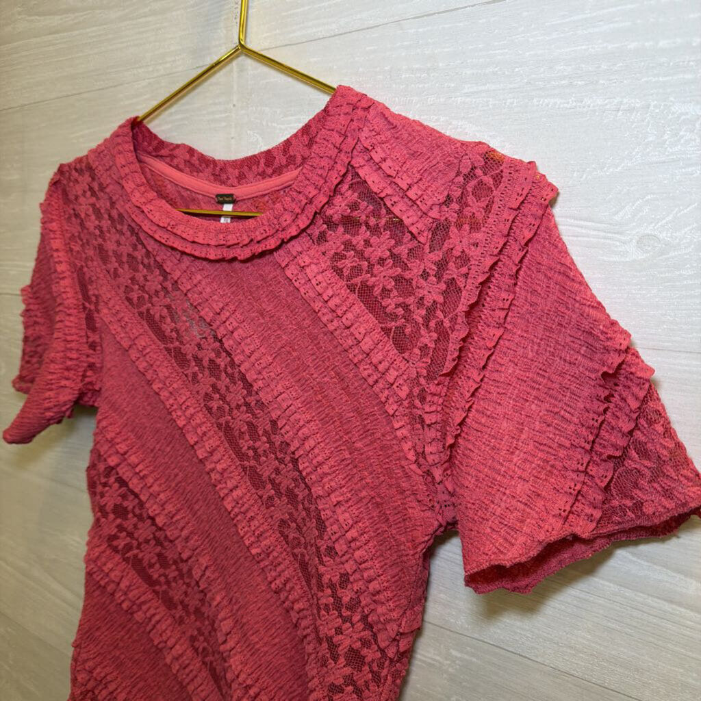 Free People Coral Lace/Ruffle Short Sleeve Top Extra Small