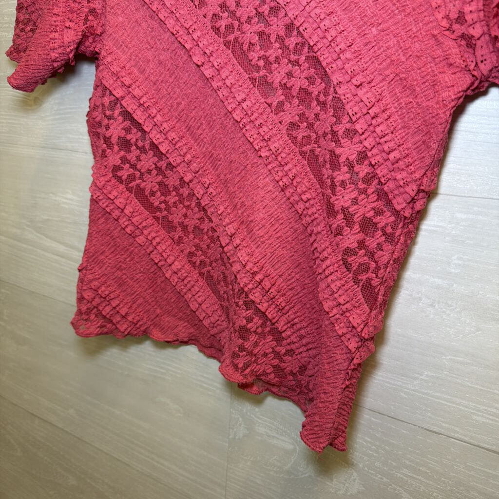 Free People Coral Lace/Ruffle Short Sleeve Top Extra Small