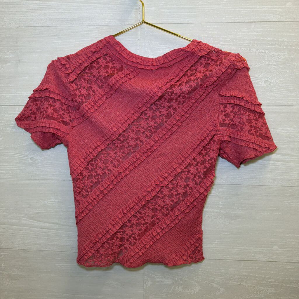 Free People Coral Lace/Ruffle Short Sleeve Top Extra Small
