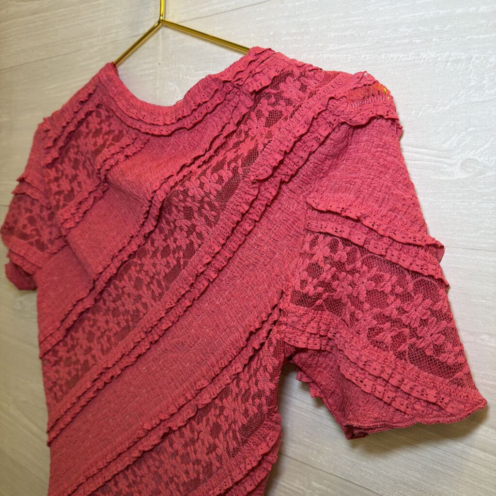 Free People Coral Lace/Ruffle Short Sleeve Top Extra Small