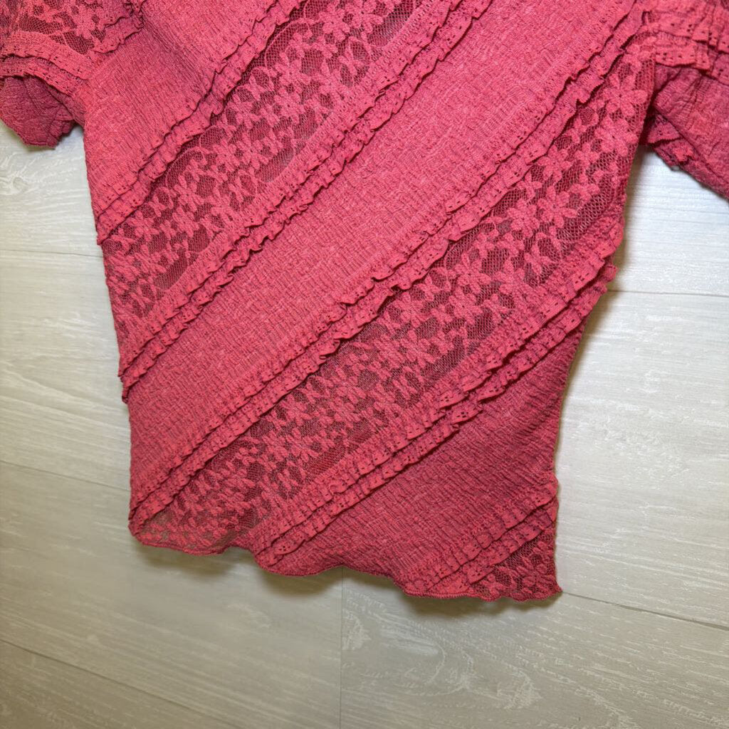 Free People Coral Lace/Ruffle Short Sleeve Top Extra Small