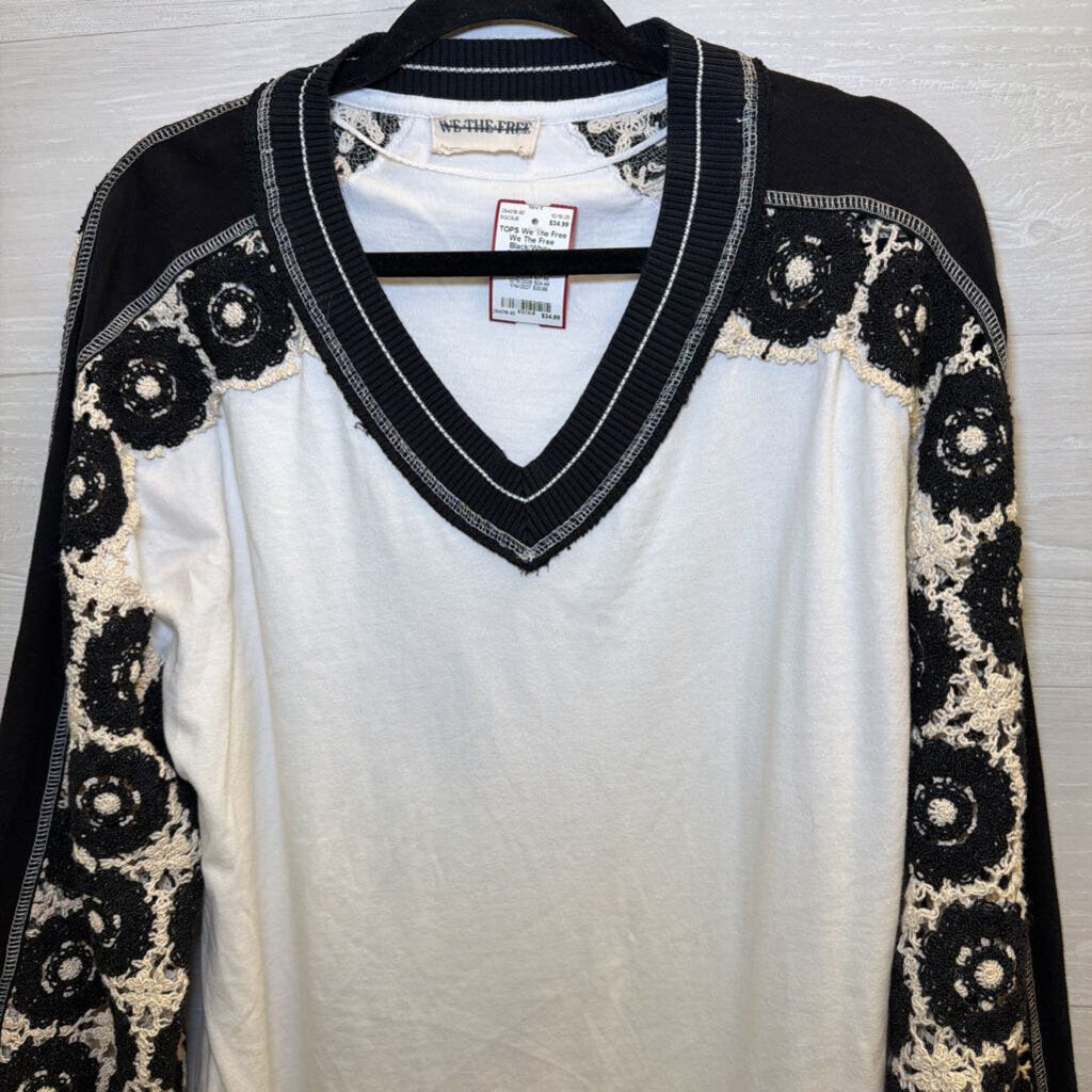 We The Free Black/White Crochet Long Sleeve Top Small