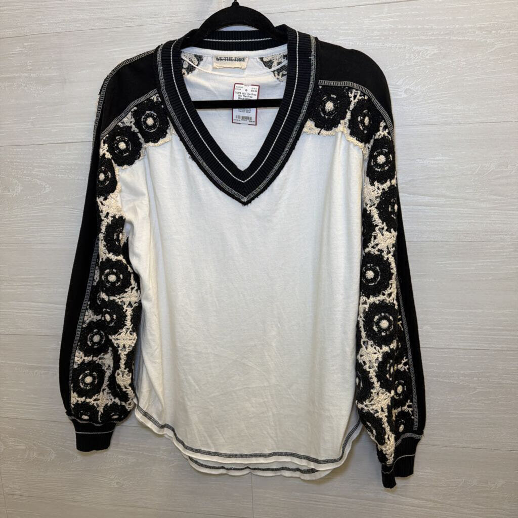 We The Free Black/White Crochet Long Sleeve Top Small