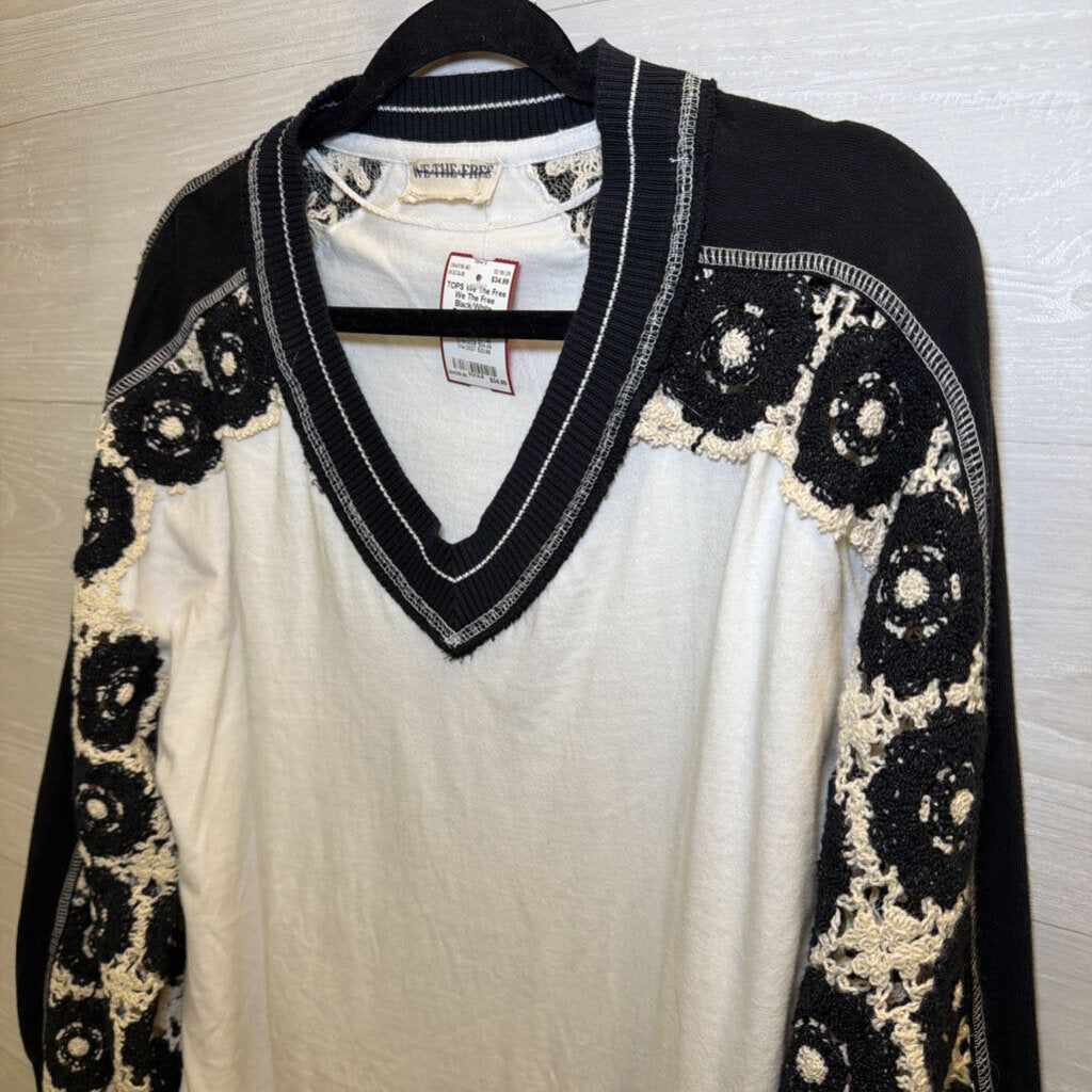 We The Free Black/White Crochet Long Sleeve Top Small