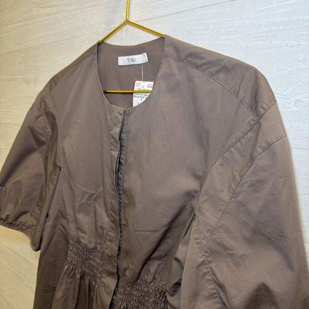 Tibi Taupe Smoked Waist Puff Sleeve Blouse Small