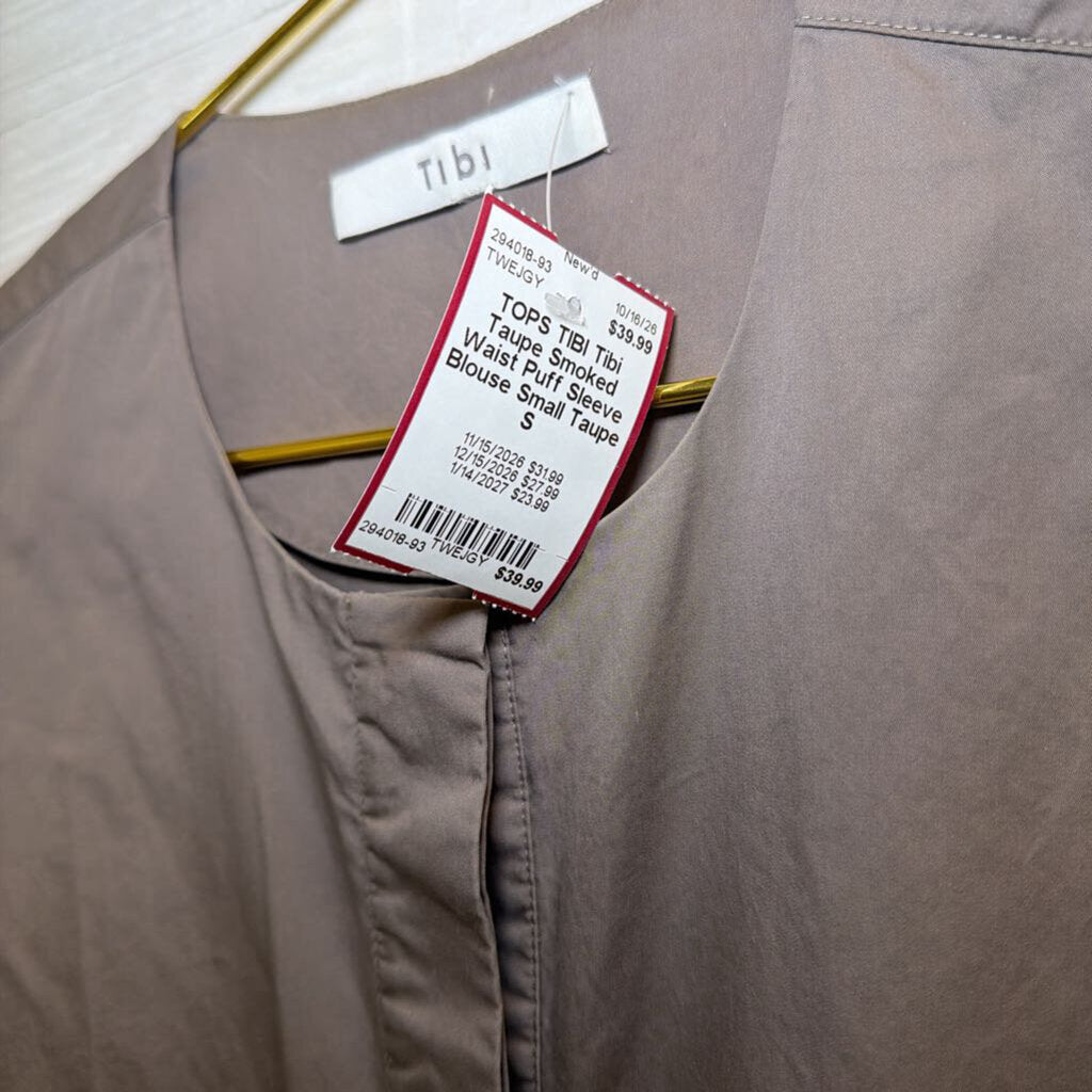 Tibi Taupe Smoked Waist Puff Sleeve Blouse Small