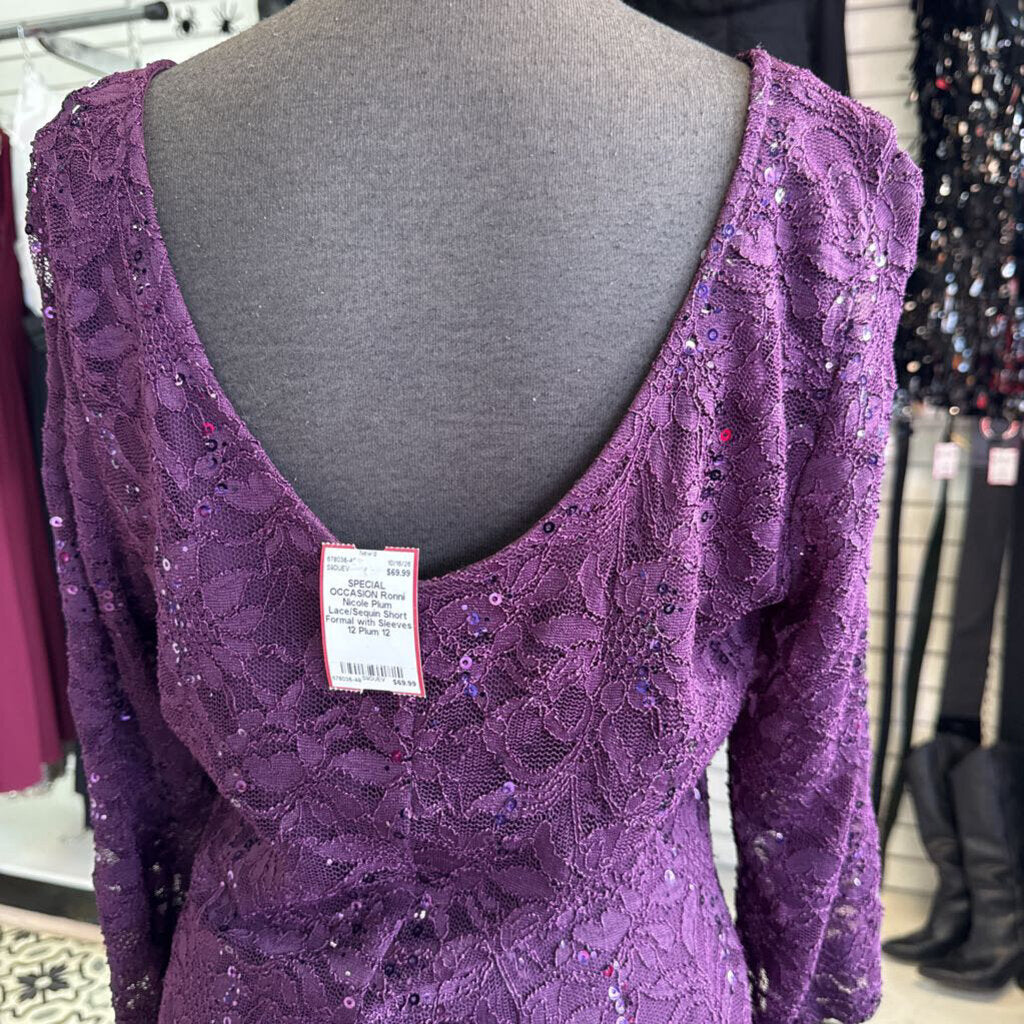 Plum Lace/Sequin Short Formal with Sleeves 12