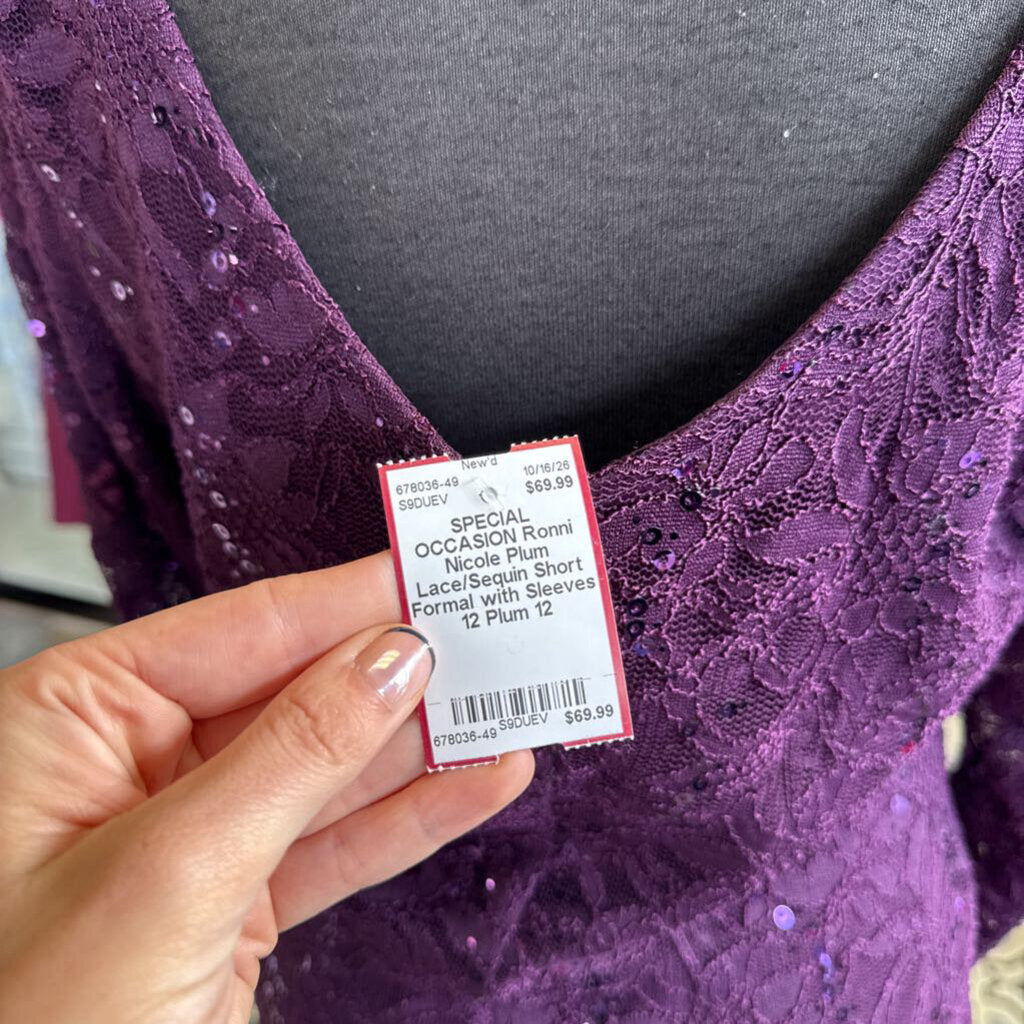 Plum Lace/Sequin Short Formal with Sleeves 12