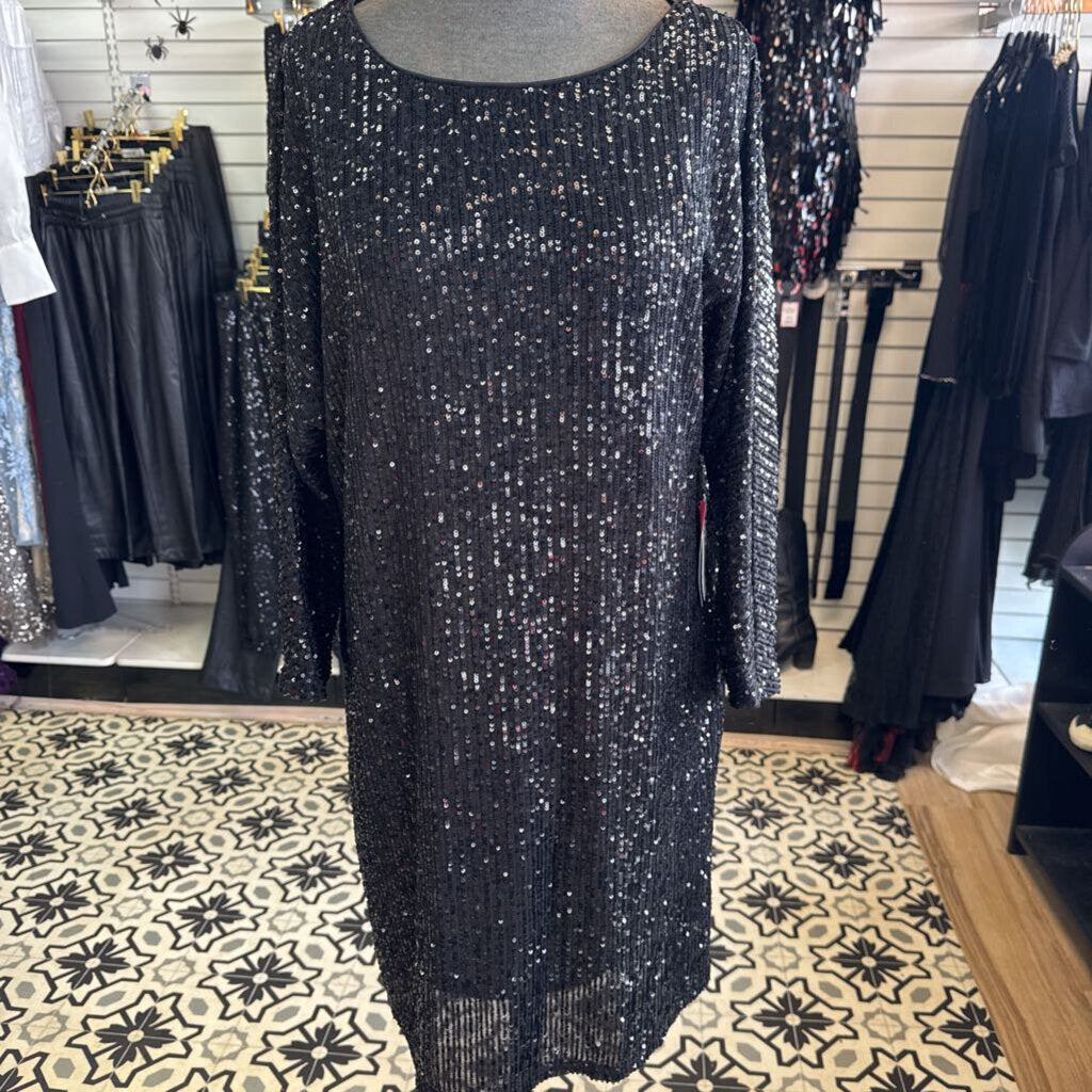 Vince Camuto Black Sequin Short Formal with Sleeves Medium