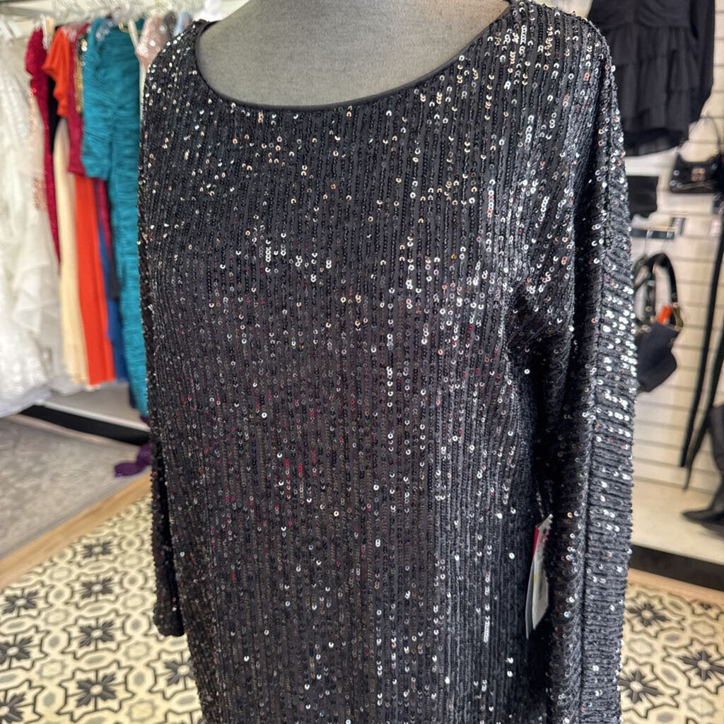 Vince Camuto Black Sequin Short Formal with Sleeves Medium