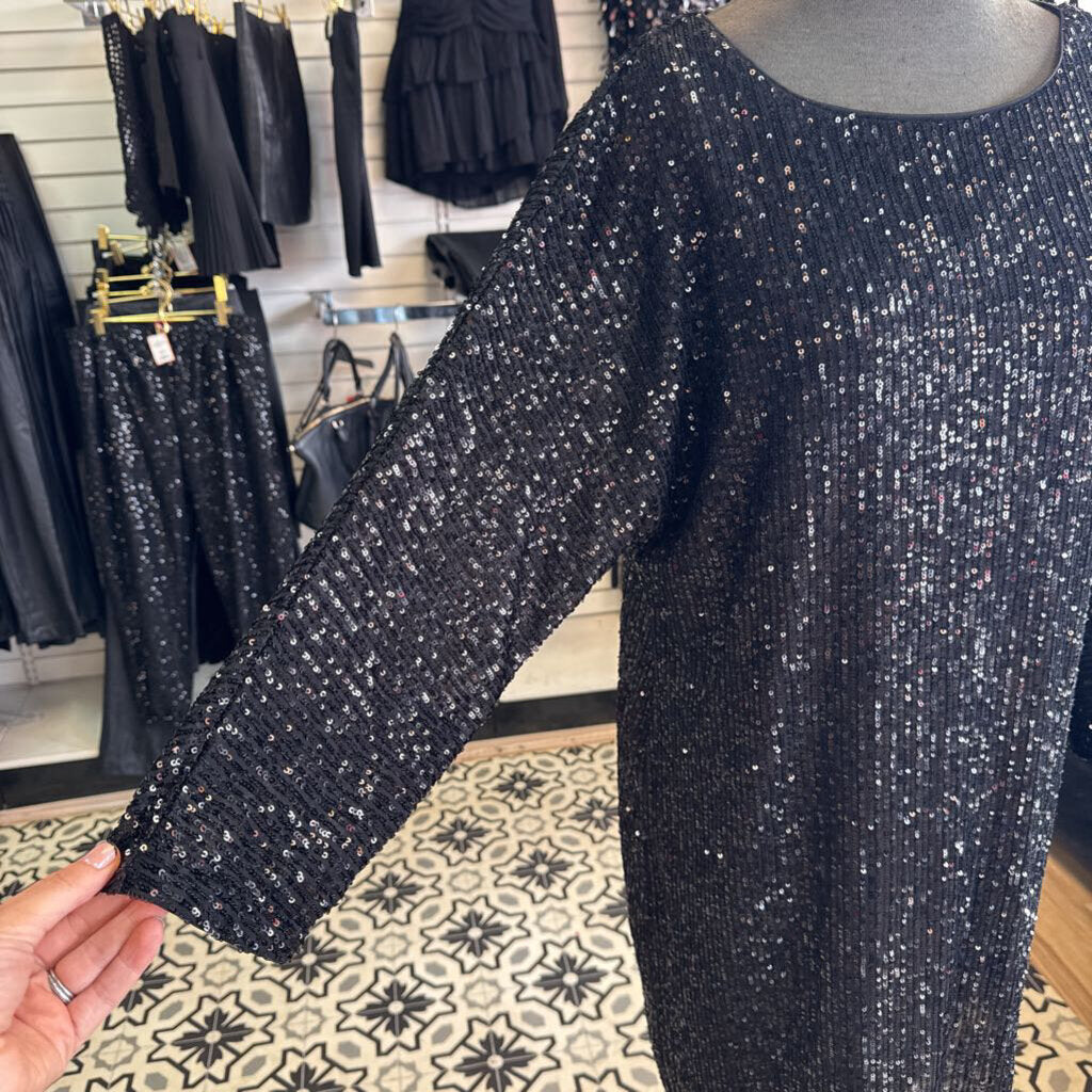Vince Camuto Black Sequin Short Formal with Sleeves Medium