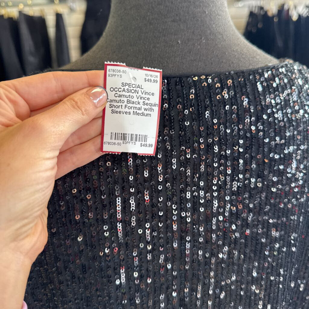 Vince Camuto Black Sequin Short Formal with Sleeves Medium