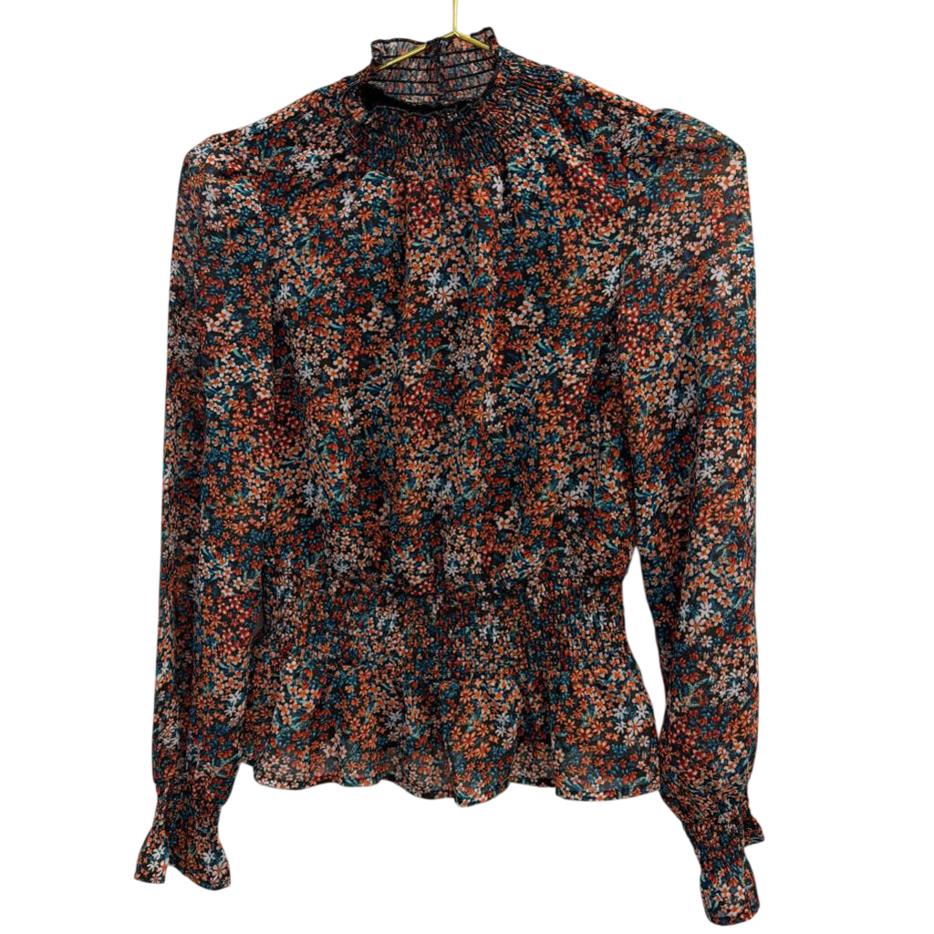 Black/Orange/Blue Floral Mock Neck Long Sleeve Top Extra Small