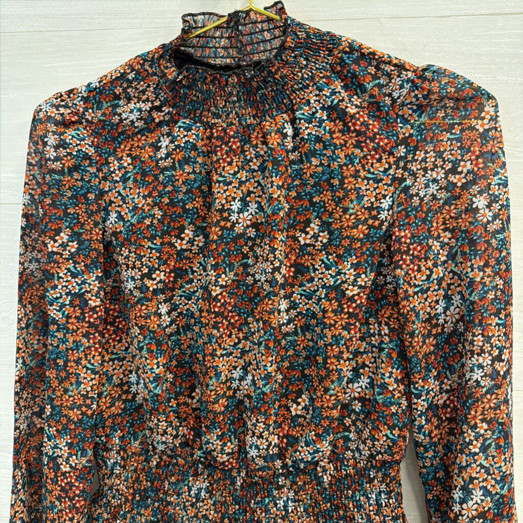 Black/Orange/Blue Floral Mock Neck Long Sleeve Top Extra Small