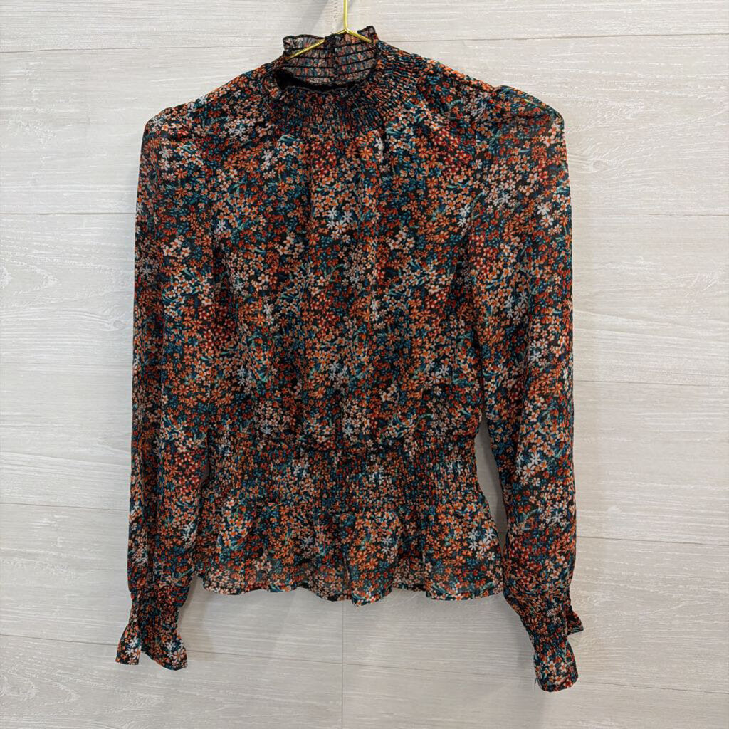 Black/Orange/Blue Floral Mock Neck Long Sleeve Top Extra Small
