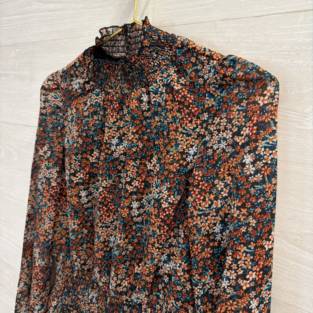 Black/Orange/Blue Floral Mock Neck Long Sleeve Top Extra Small